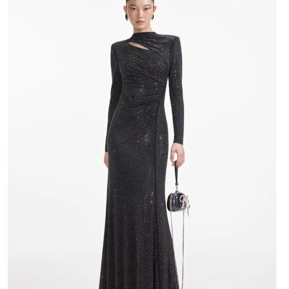 Self Portrait Black Rhinstone Mesh Cut Out Longsleeve Maxi Dress - Picture 1 of 13